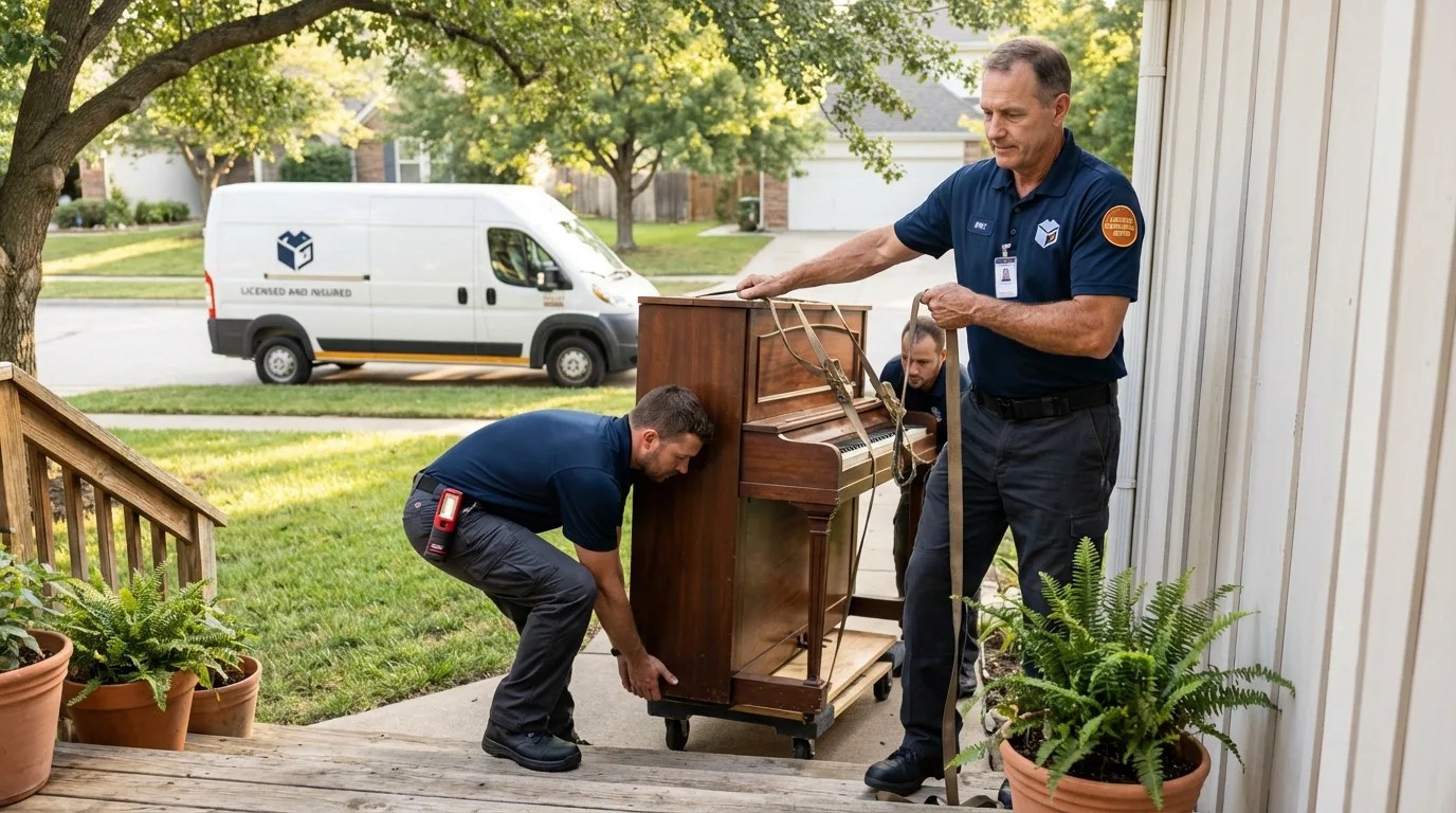 Licensed piano movers securing grand piano in West Union, WV