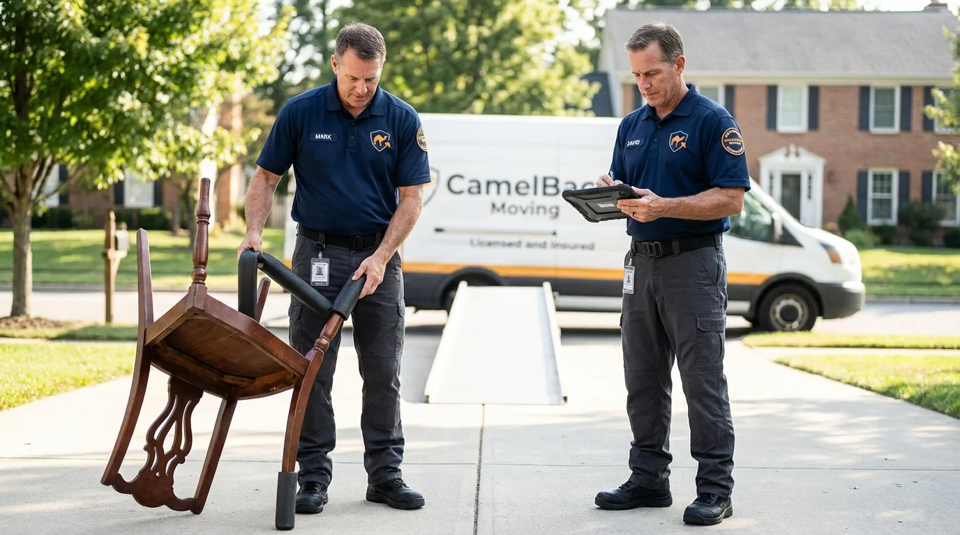 Movers inspecting furniture for damage prevention before loading in West Union, WV