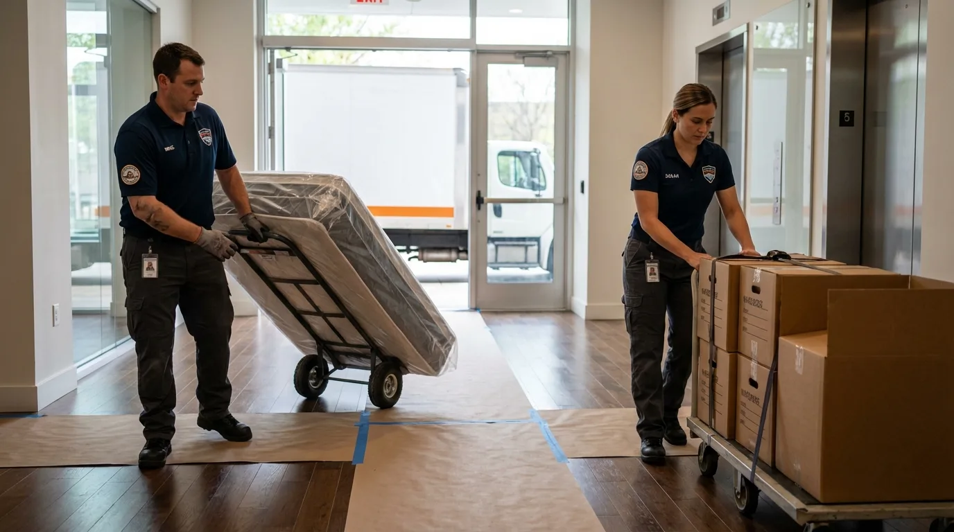 Professional apartment movers loading elevator in West Union, WV