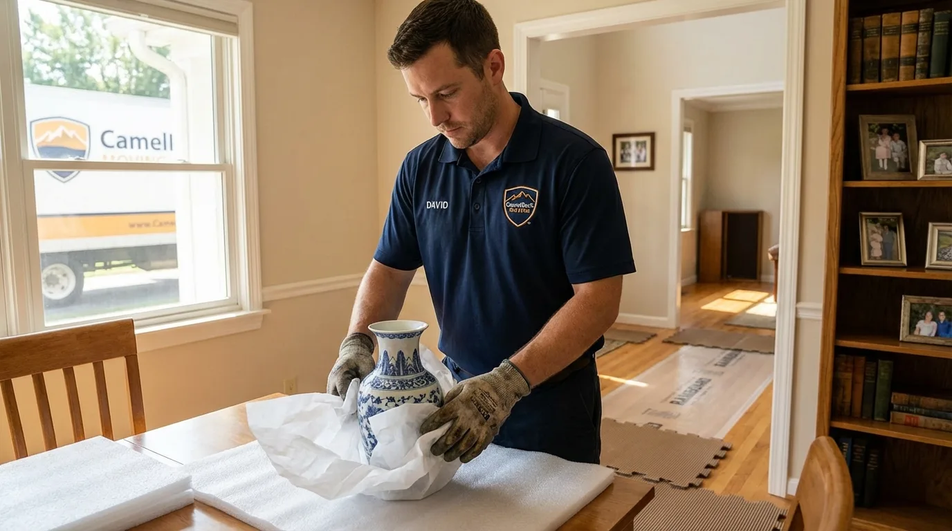 Professional crew carefully wrapping antique vase for senior downsizing move in West Union, WV